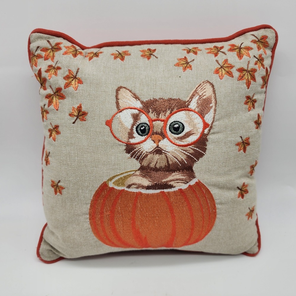 Pier 1 Cat with Glasses Pumpkin Throw Fall Pillow 12x12 Embroidered Whimsical